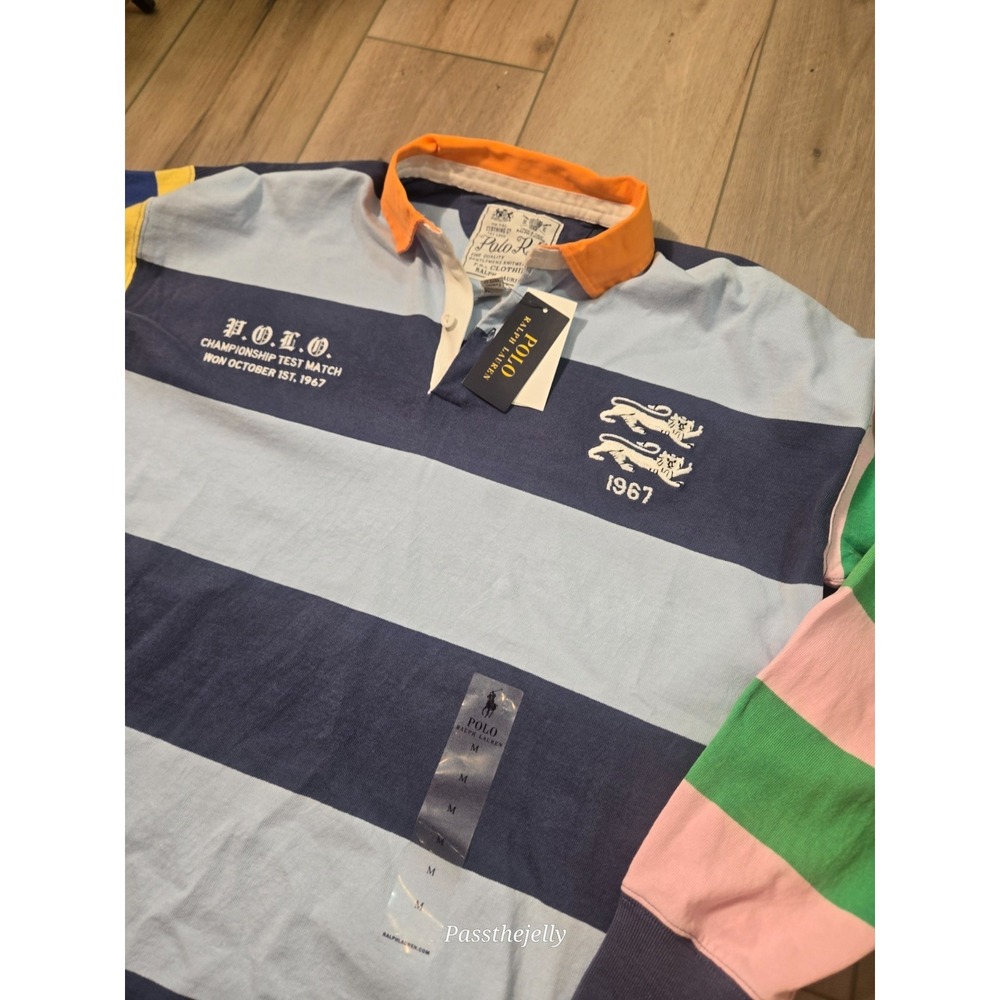 Polo Ralph Lauren Rugby Shirt Mens Medium NWT Blue Striped Colorblock England - Picture 2 of 10
